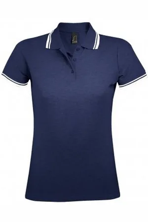 Sols Womens/Ladies Pasadena Tipped Short Sleeve Pique Polo Shirt (French Navy/White) - Cotton - Size 2XL