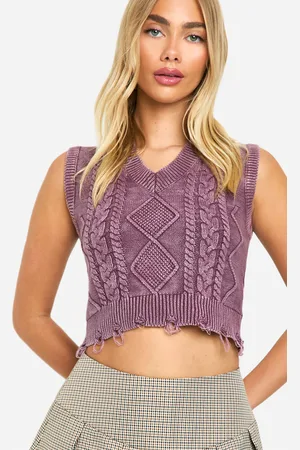 Boohoo Womens Acid Wash Cable Knit V Neck Tank - Cotton - Size Large