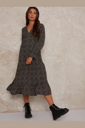Chi Chi London Womens Long Sleeve V Neck Animal Print Maxi Dress in - Size 6 UK