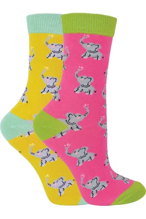 Miss Sparrow 2 Pack Girls Bamboo Animal Patterned Socks - Elephants - Cotton - Size 4-6Y