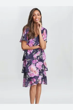 Gina Bacconi Womens Libby Printed V Neck Dress With Tiers And Embellished - - Size 20 UK