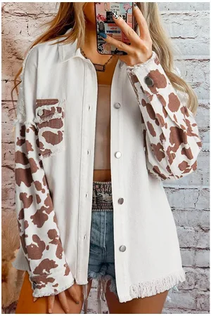 Azura Exchange Womens Cow Spot Patchwork Flap Pocket Distressed Hem Long Denim Jacket Cotton - Size Large
