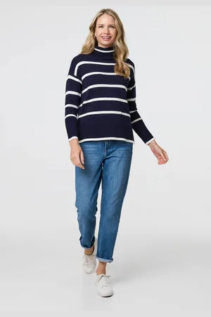 Izabel London Womens Striped Roll Neck Relaxed Jumper - Size 12 UK