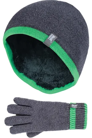 Heat Holders Children Boys Winter Warm Fleece Lined Insulated Knit Turn Over Cuff Ribbed Hat and Gloves Set - CG1P8 - - Size 7-10Y
