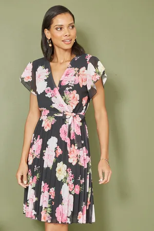 Mela Womens Floral Print Pleated Wrap Skater Dress - Size 10 UK