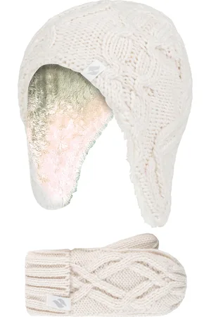Heat Holders Girls Majestic Soft Cosy Cable Knitted Design Bobble Trapper Hat and Mittens Gloves Set - Buttercream - - Size 4-6Y