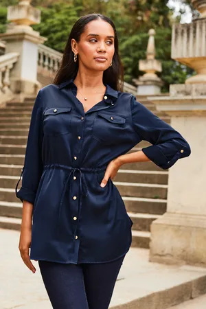 Sosandar Womens Navy Satin Utility Tie Waist Shirt - Size 14 UK