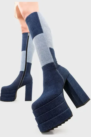 Lamoda Womens Knee High Boots Talk Of The Town Round Toe Platform Heel with Zip - - Size UK 5