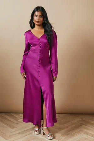 Oasis Womens Satin Button Front Long Sleeve Tea Midi Dress - - Size 8 UK