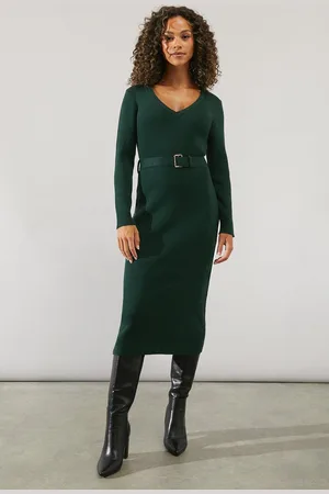 wallis Womens V Neck Belted Knitted Midi Dress - viscose - Size Large