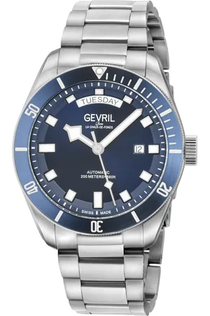 Gevril Mens Yorkville 316L SS Case, Blue Ring,Blue Sunray Dial, Stainless Steel Satin Bracelet. - - One Size
