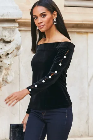 Sosandar Womens Velvet Embellished Sleeve Bardot Top - Size 10 UK