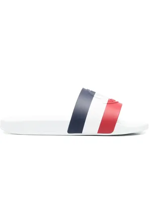 Moncler Mens Basille Embossed Logo Stripe Sliders in Leather - Size UK 5