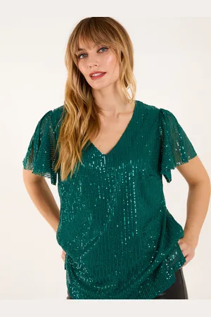 Blue Vanilla Womens Angel Sleeve V Neck Sequin Top - - Size Small