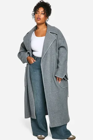 Boohoo Womens Plus Contrast Stitch Belted Wool Look Coat - - Size 26 UK