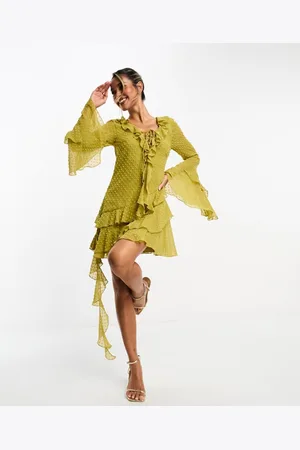 ASOS Womens tufted dobby chiffon mini dress with ruffles and tie neck detail in olive-Green - - Size 6 UK