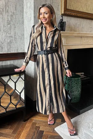 Ax Paris Womens Striped Print Button Front Belted Shirt Midi Dress - Size 8 UK