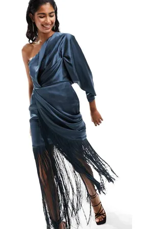ASOS Womens satin one sleeve ruched maxi dress with fringe detail in blue - - Size 6 UK