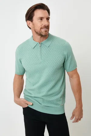Threadbare Mens Pale Textured Front Quarter Zip Knitted Polo - Size Large