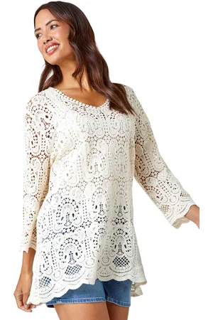 Roman Womens Cotton Crochet Tunic Top - - Size 14 UK