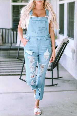 Azura Exchange WoMens Distressed Denim Overalls with Bib Pocket in Cotton - Size Large