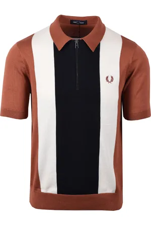Fred Perry Mens Vertical Stripe Zip Neck Polo Cinnamon/Navy/Ecru - - Size X-Large