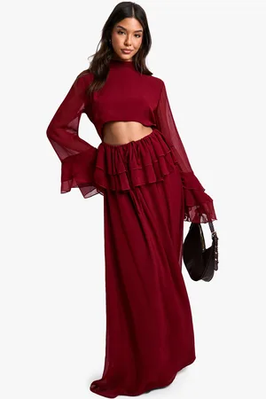 Boohoo Womens Crinkle Chiffon Ruffle Flare Sleeve Maxi Dress - - Size 14 UK