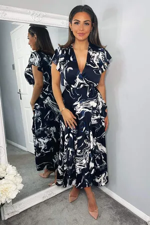 Ax Paris Womens Marble Print Short Sleeve Ruffle Midi Dress - Size 8 UK