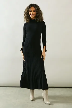 wallis Womens Button Cuff Detail High Neck Pleated Knitted Midaxi Dress - viscose - Size Large