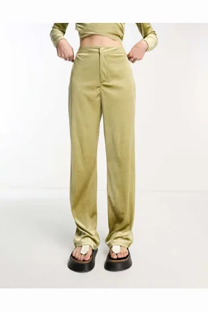 Urban Threads Womens velvet wide leg trousers co-ord in chartreuse-Green - - Size 8 UK