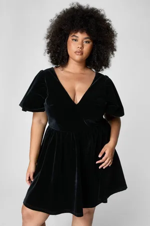 NASTY GAL Womens Plus Velvet Puff Sleeve Plunge Skater Mini Dress - - Size 22 UK