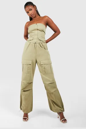Boohoo Womens Low Rise Wide Leg Parachute Cargo Trousers - Cotton - Size 6 UK