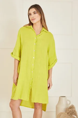 Yumi Womens Lime Linen Relaxed Fit Longline Shirt - - Size Medium