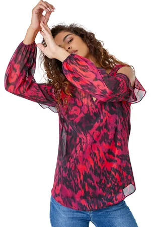 Roman Womens Animal Cold Shoulder Frill Top - - Size 20 UK