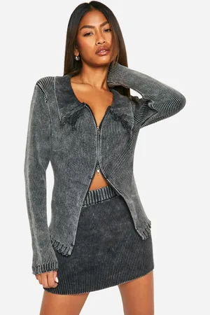 Boohoo Womens Acid Wash Double Zip Polo Collar Rib Cardigan - Cotton - Size Large
