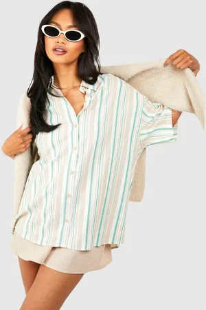 Boohoo Womens Multi Stripe Linen Look Oversized Short Sleeve Shirt - Viscose - Size 10 UK