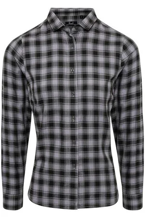Premier Womens/Ladies Mulligan Checked Long-Sleeved Shirt (Steel/Black) - - Size Small