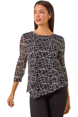 Roman Womens Linear Print Asymmetric Hem Stretch Top - - Size 20 UK