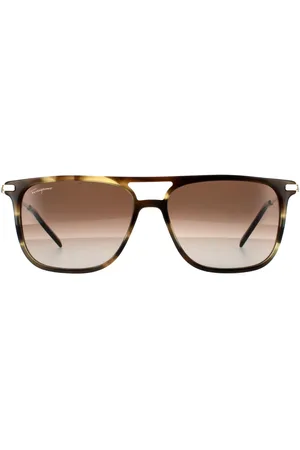 Salvatore Ferragamo Square Mens Striped Khaki Gradient Sunglasses - One Size