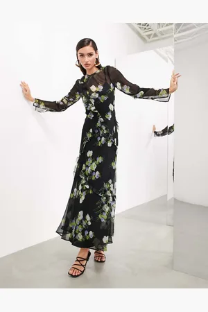 ASOS Womens long sleeve chiffon maxi dress with frills in floral - Size 4 UK