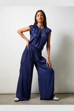 Ro&Zo Womens Navy Satin Cargo Trousers - - Size 8 UK