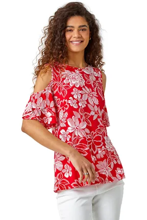 Roman Womens Textured Floral Print Cold Shoulder Top - - Size 20 UK