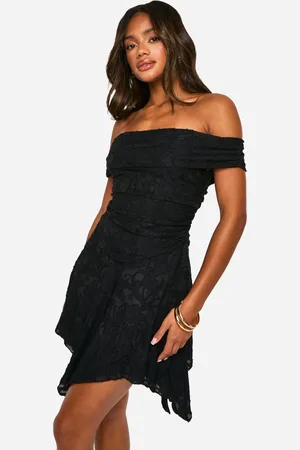 Boohoo Womens Jacquard Floral Bardot Hanky Hem Dress - - Size 14 UK