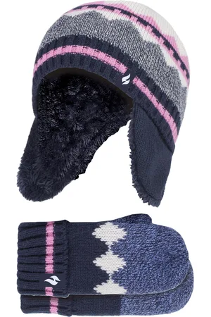Heat Holders Girls Nordic Pattern Fairisle Design Trapper Hat with Pom Pom and Mittens Gloves Set - - Size 4-6Y