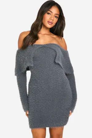 Boohoo Womens Fluffy Knitted Bardot Mini Dress - Nylon - Size Small