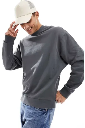 ASOS Mens oversized sweatshirt with nibbled hem and cuff in charcoal grey - - Size 2XS