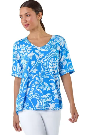 Roman Womens Abstract Leaf Print Button Back Top - - Size 12 UK