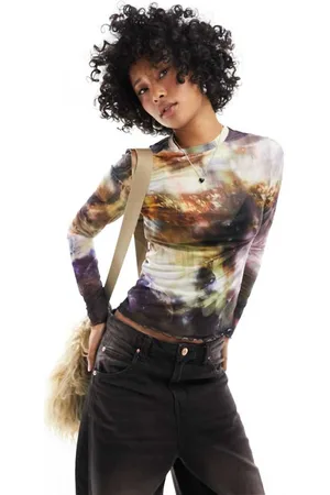 ONLY Womens mesh top in landscape print-Multi - - Size X-Small