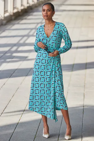 Sosandar Womens Geometric Print Blouson Sleeve Wrap Jersey Midi Dress - Size 10 UK