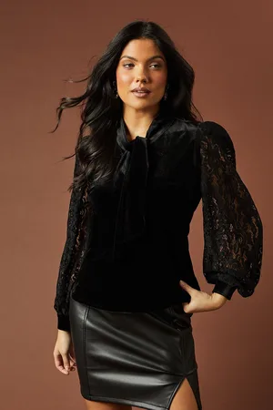 Oasis Womens Velvet Lace Sleeve Tie Neck Blouse - - Size 6 UK